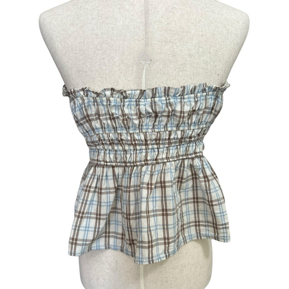Haute Monde Boho Blue Plaid Strappless Smocked Cropped Peplum XL Cottagecore - Picture 6 of 7